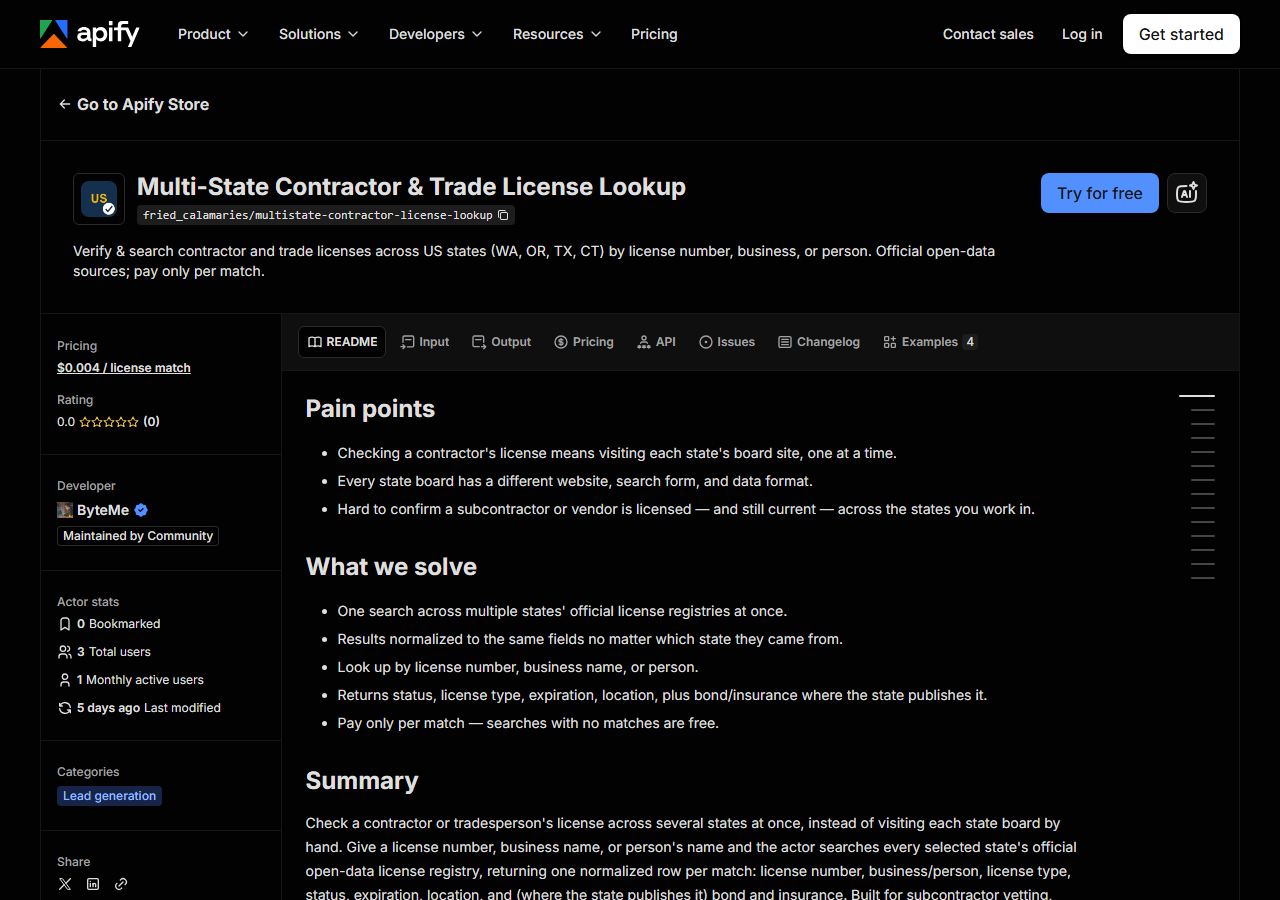 The Multi-State Contractor & Trade License Lookup listing on the Apify Store