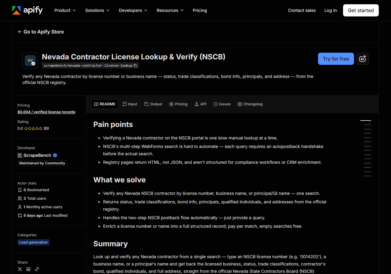 The Nevada Contractor License Lookup & Verify (NSCB) listing on the Apify Store