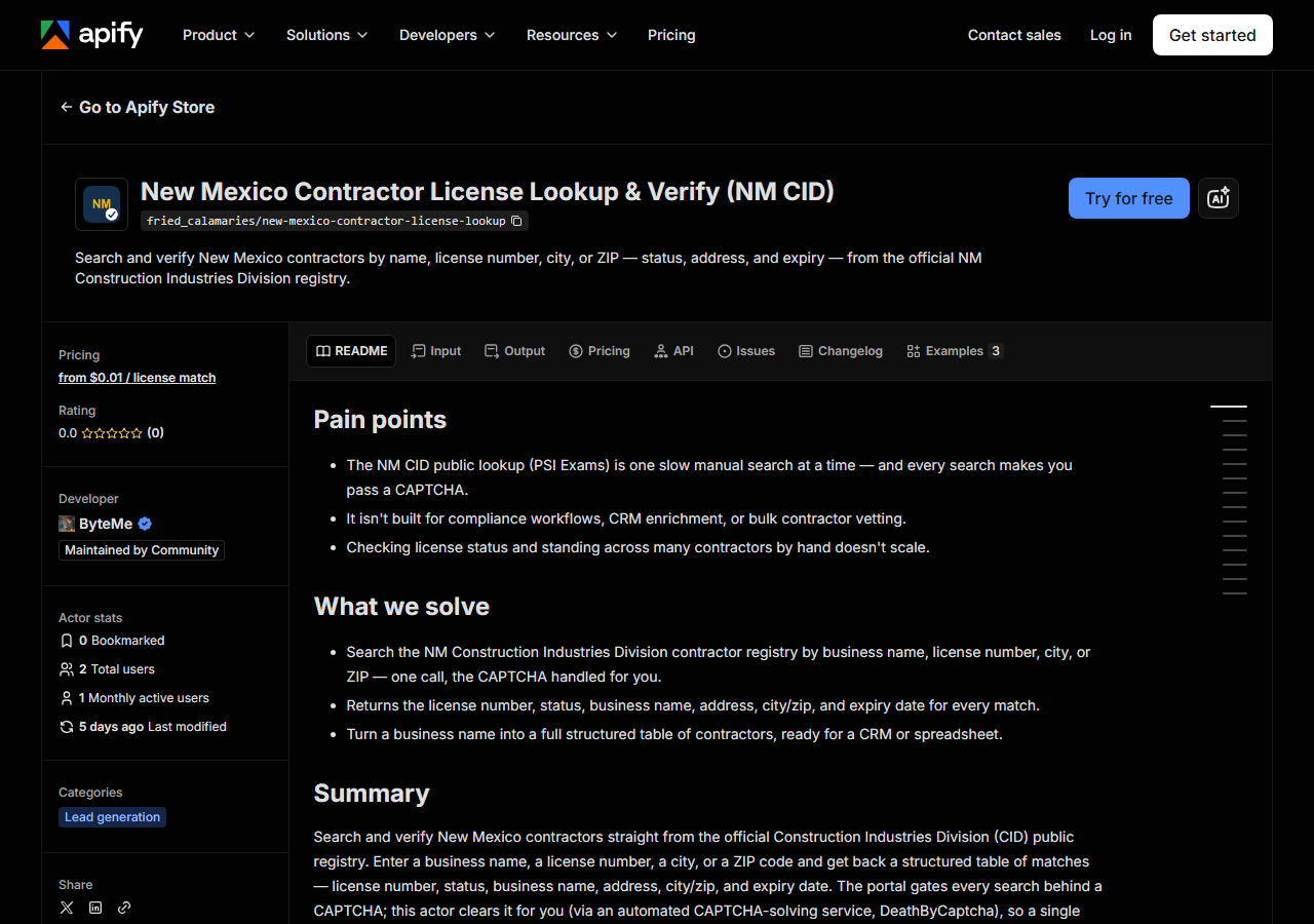The New Mexico Contractor License Lookup & Verify (NM CID) listing on the Apify Store