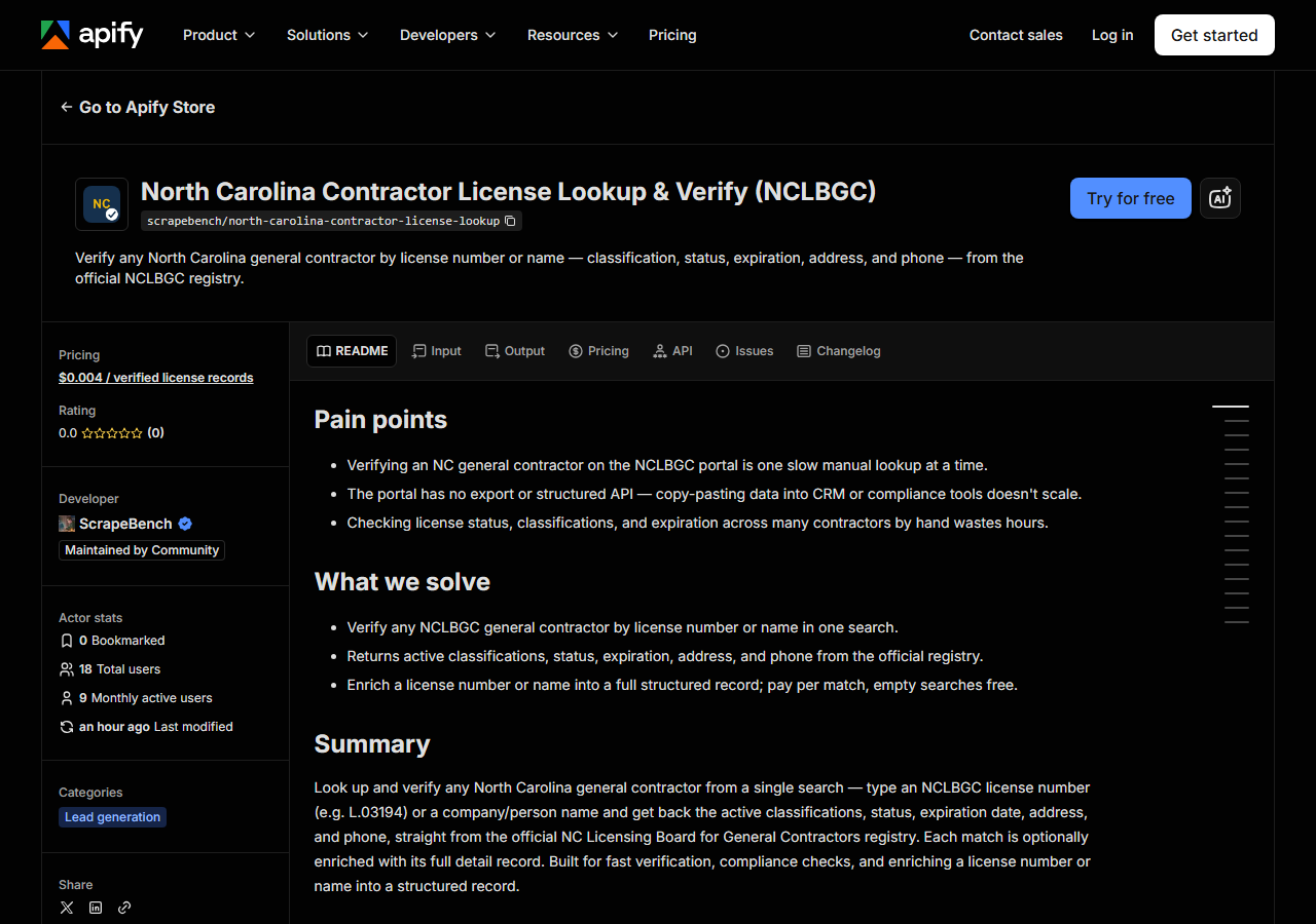 The North Carolina Contractor License Lookup & Verify (NCLBGC) listing on the Apify Store