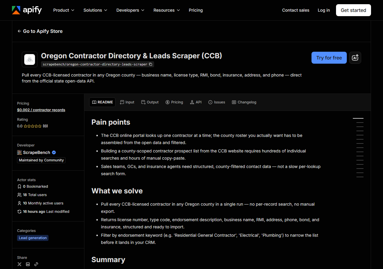 The Oregon Contractor Directory & Leads Scraper (CCB) listing on the Apify Store