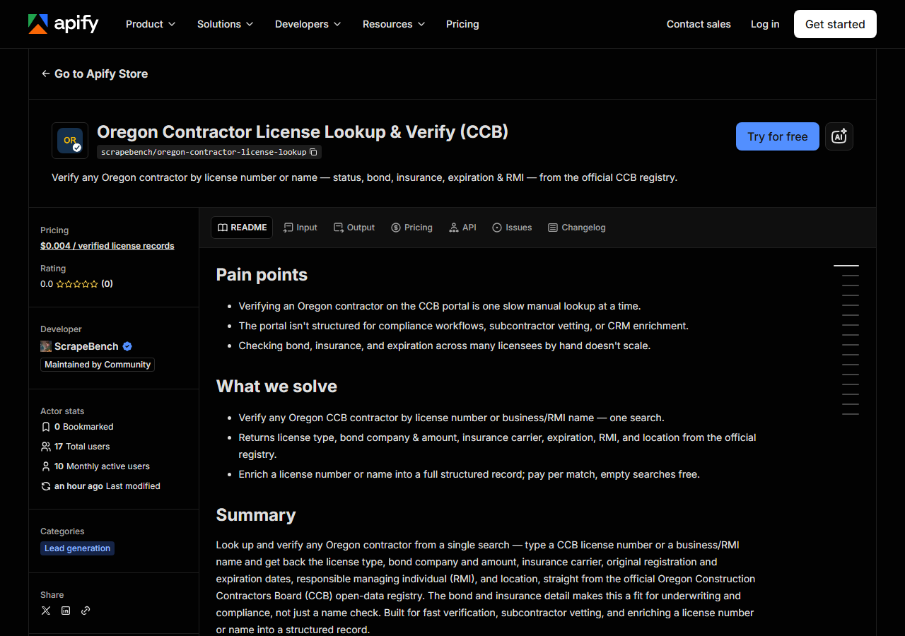 The Oregon Contractor License Lookup & Verify (CCB) listing on the Apify Store
