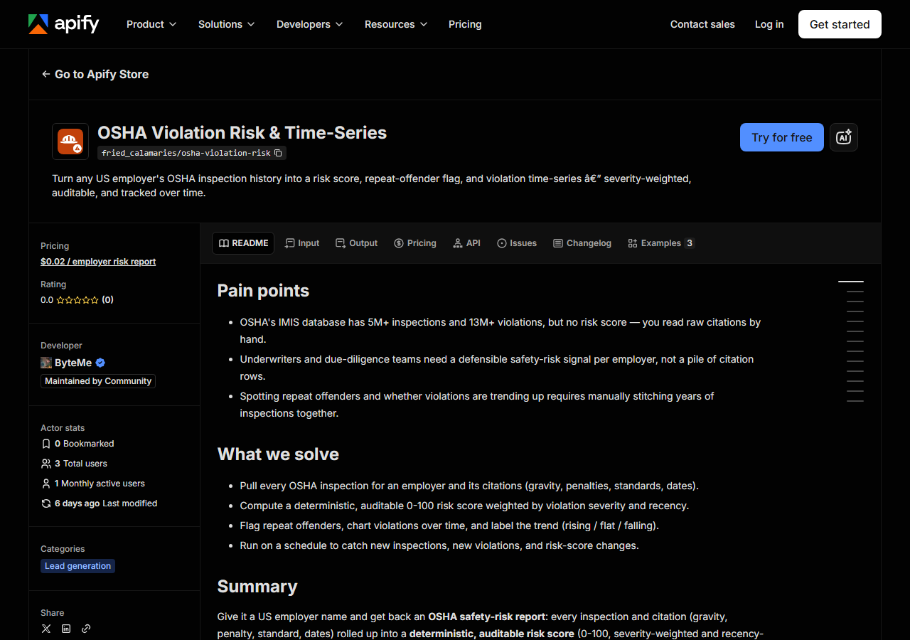 The OSHA Violation Risk & Time-Series listing on the Apify Store