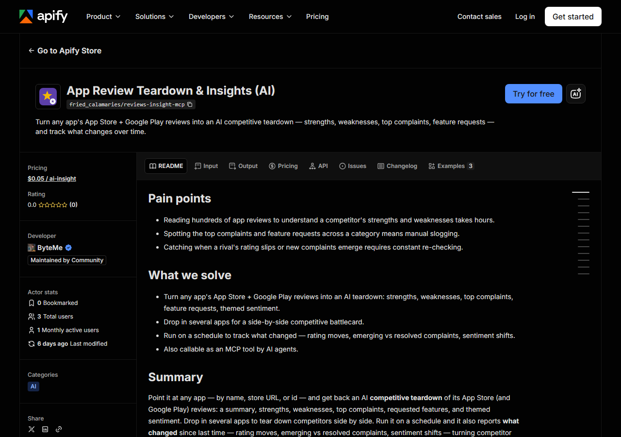 The App Review Teardown & Insights (AI) listing on the Apify Store