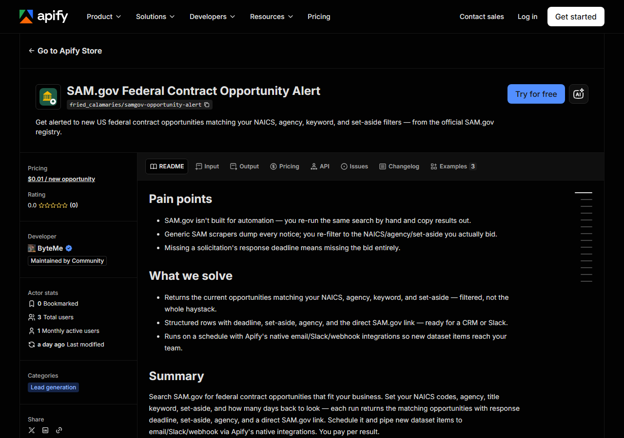 The SAM.gov Federal Contract Opportunity Alert listing on the Apify Store