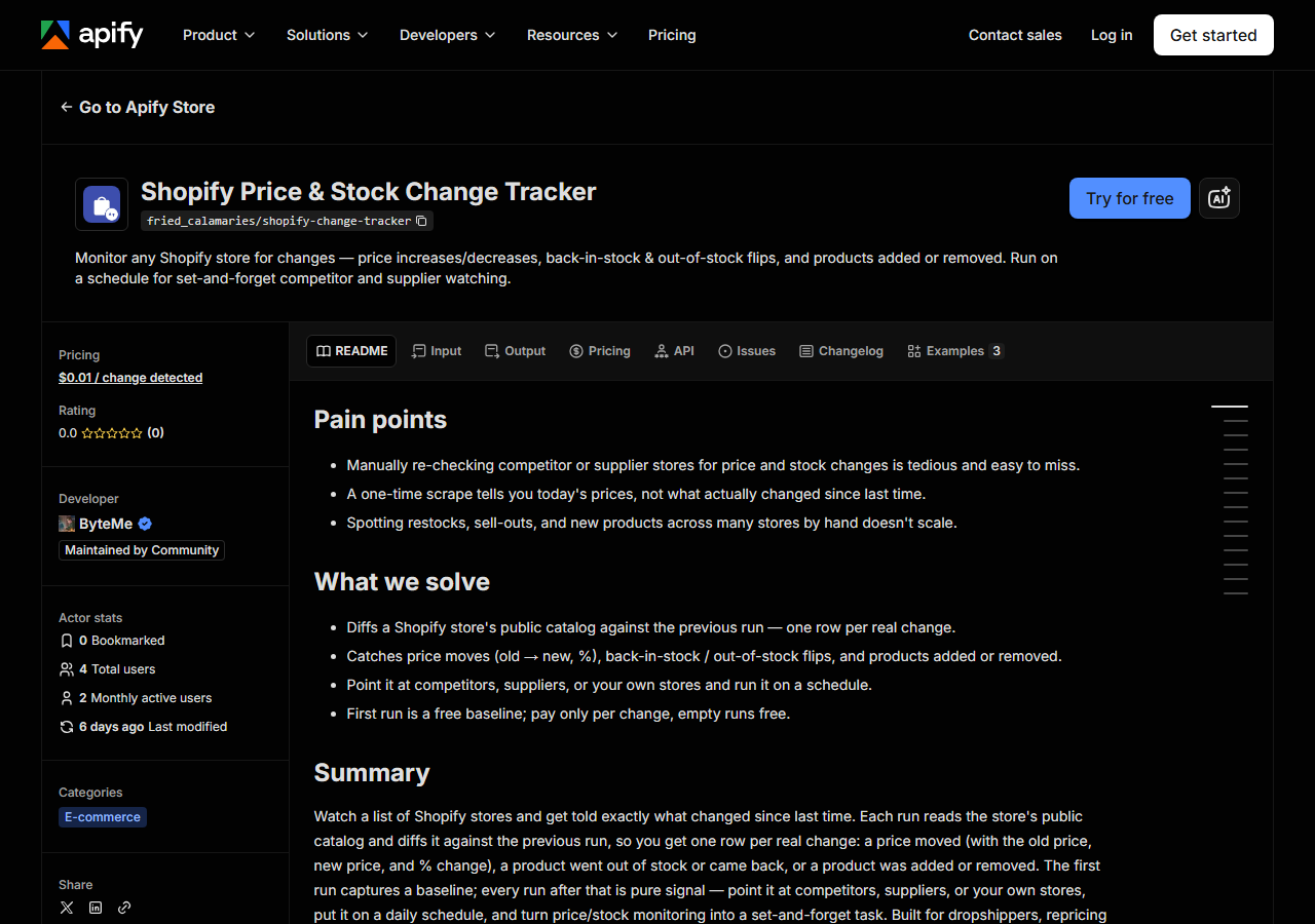 The Shopify Price & Stock Change Tracker listing on the Apify Store