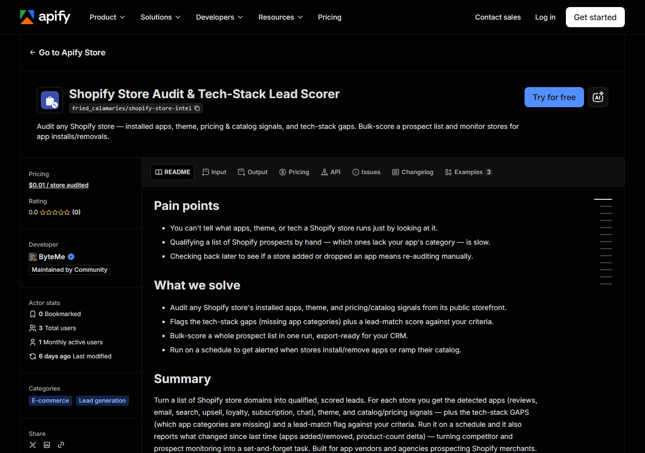 The Shopify Store Audit & Tech-Stack Lead Scorer listing on the Apify Store