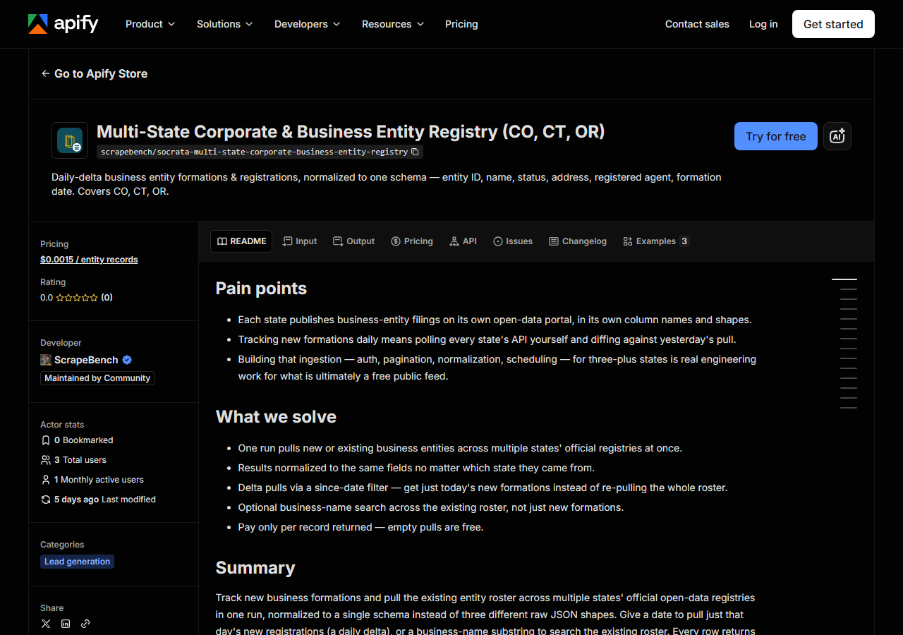 The Multi-State Corporate & Business Entity Registry (CO, CT, OR) listing on the Apify Store