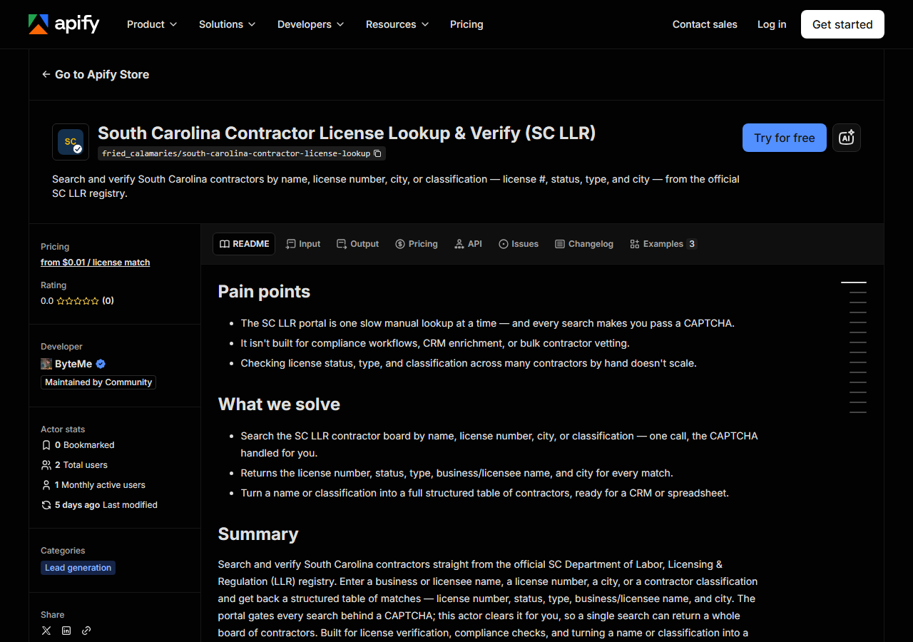 The South Carolina Contractor License Lookup & Verify (SC LLR) listing on the Apify Store
