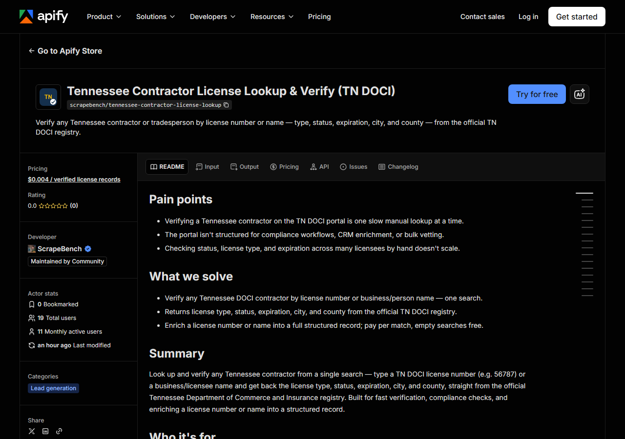 The Tennessee Contractor License Lookup & Verify (TN DOCI) listing on the Apify Store