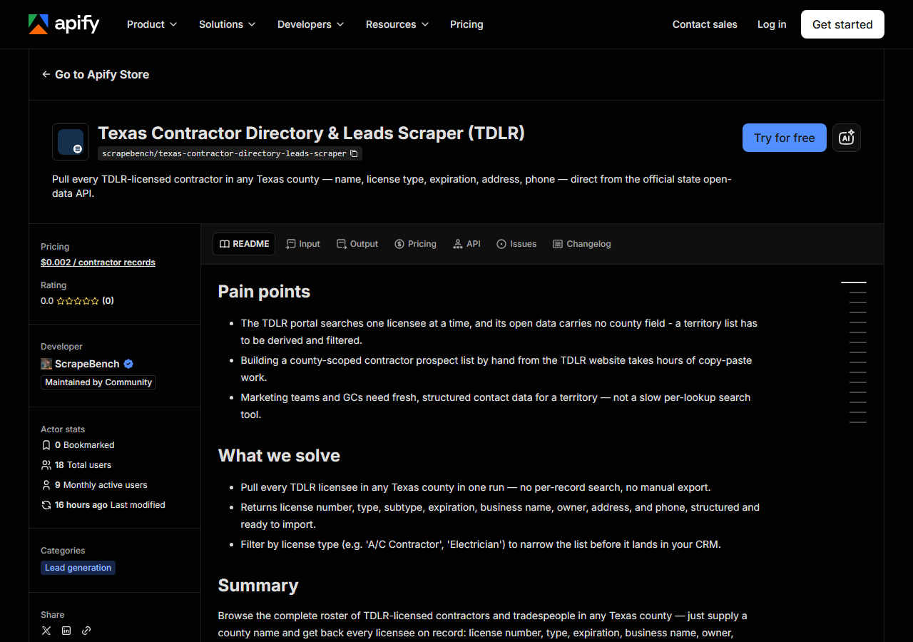 The Texas Contractor Directory & Leads Scraper (TDLR) listing on the Apify Store