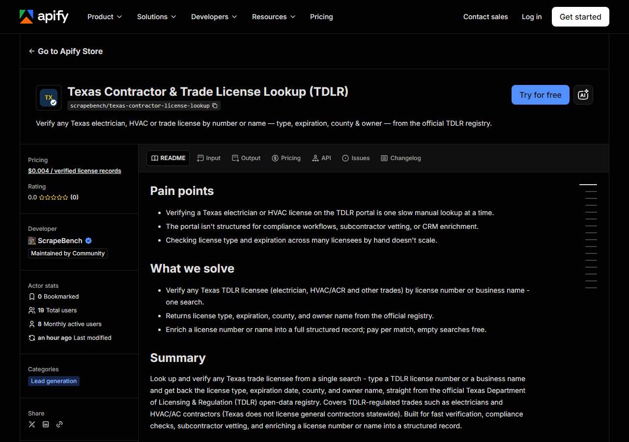 The Texas Contractor & Trade License Lookup (TDLR) listing on the Apify Store