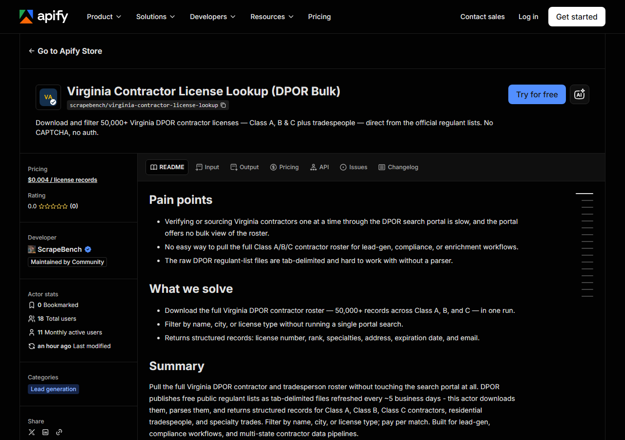 The Virginia Contractor License Lookup (DPOR Bulk) listing on the Apify Store