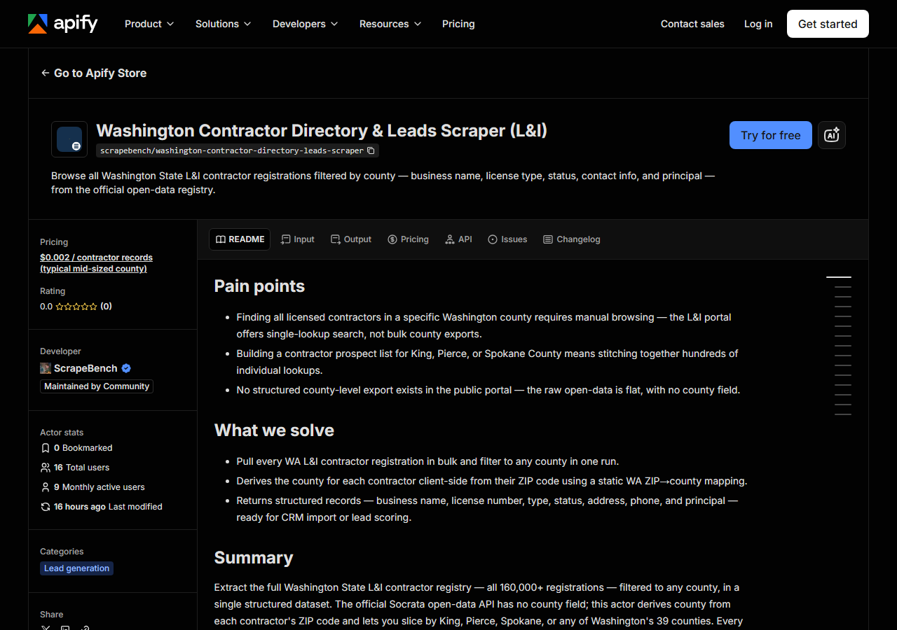 The Washington Contractor Directory & Leads Scraper (L&I) listing on the Apify Store