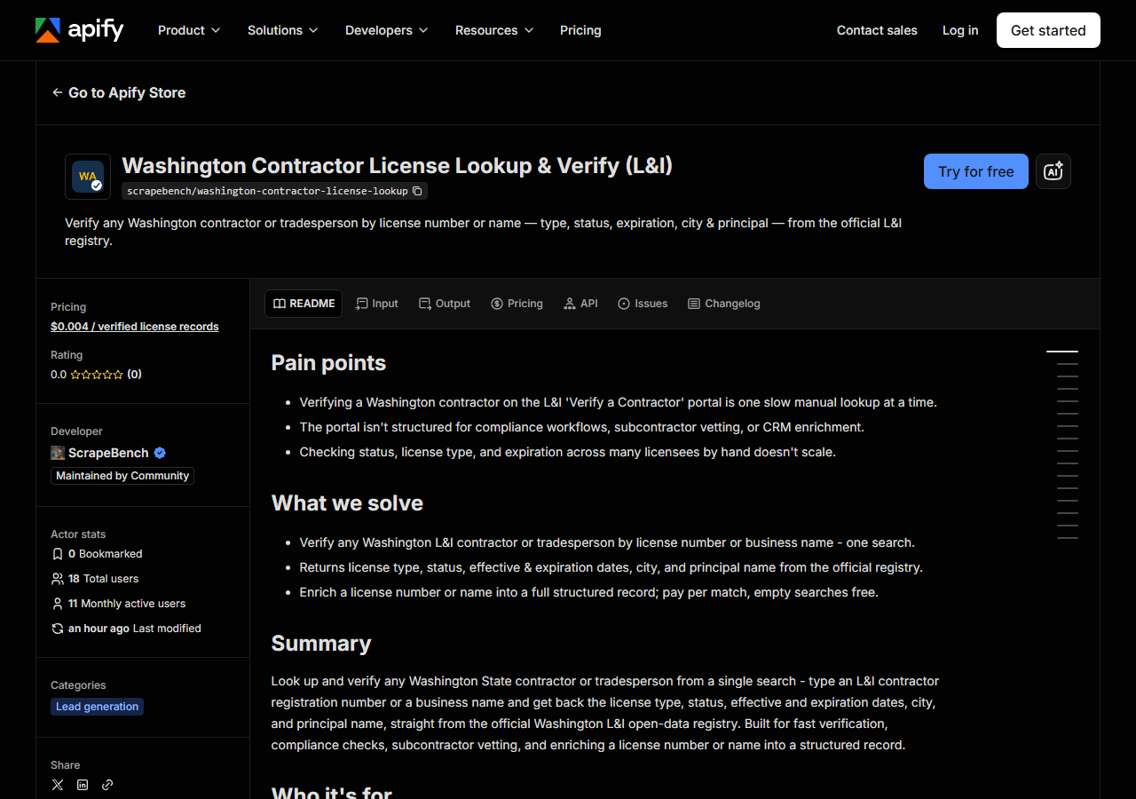 The Washington Contractor License Lookup & Verify (L&I) listing on the Apify Store