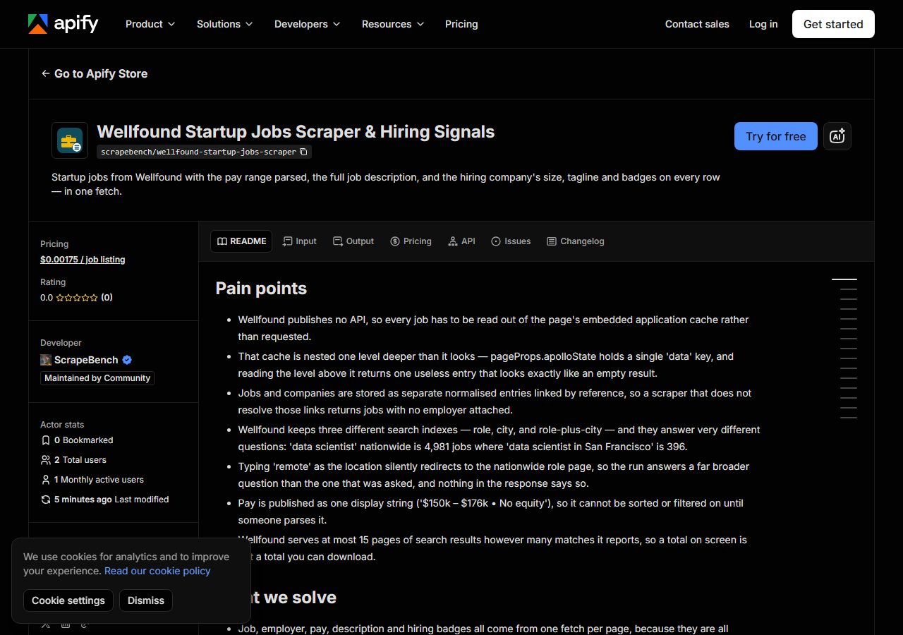The Wellfound Startup Jobs Scraper & Hiring Signals listing on the Apify Store