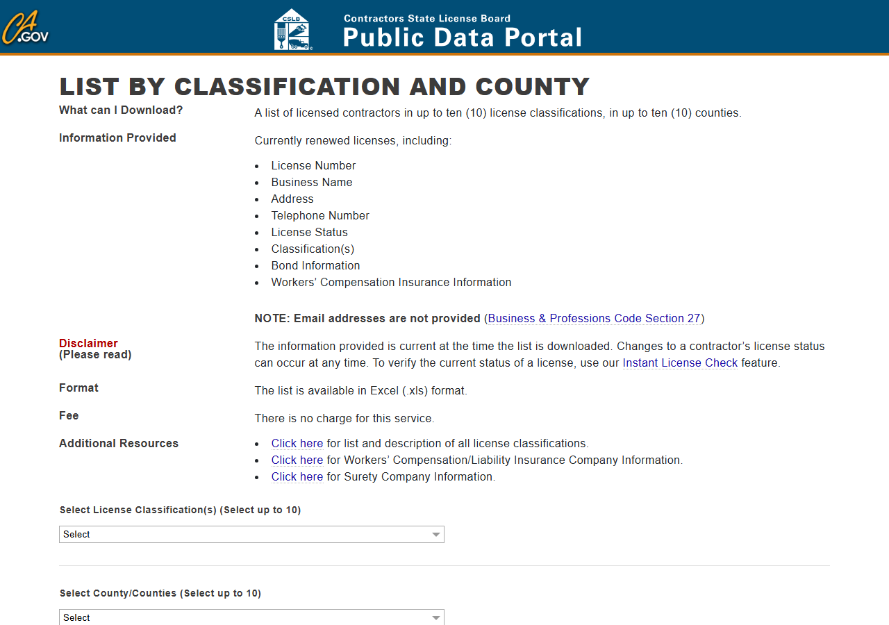 The public search form on CSLB