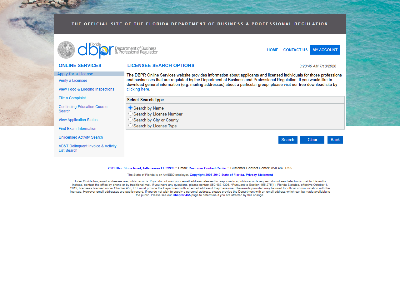 The public search form on DBPR
