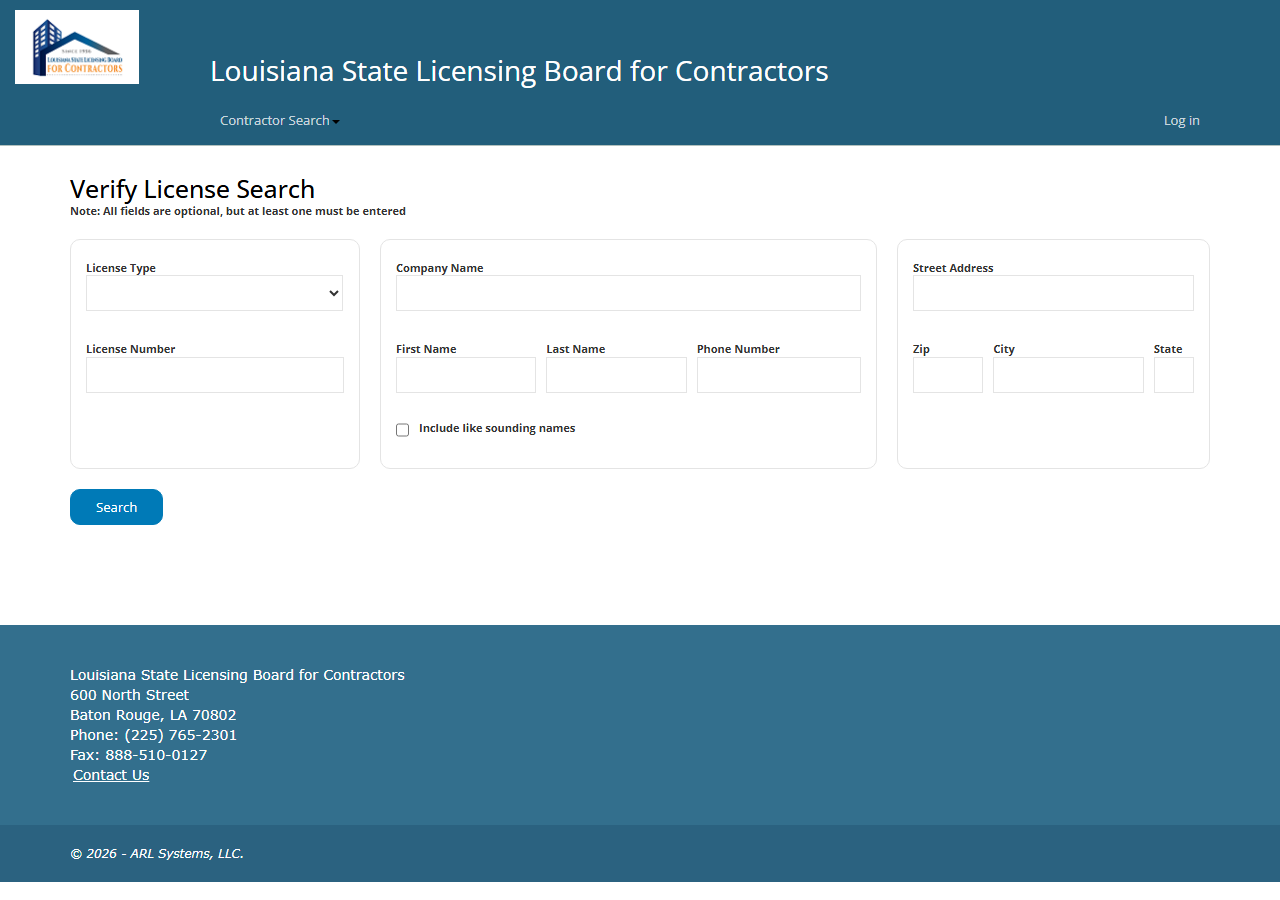 The public search form on LA LSLBC