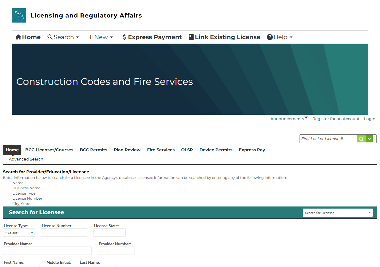 The public search form on MI LARA (Accela)