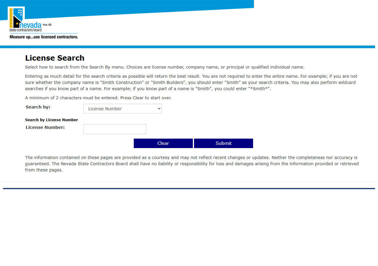 The Nevada State Contractors Board licence search form