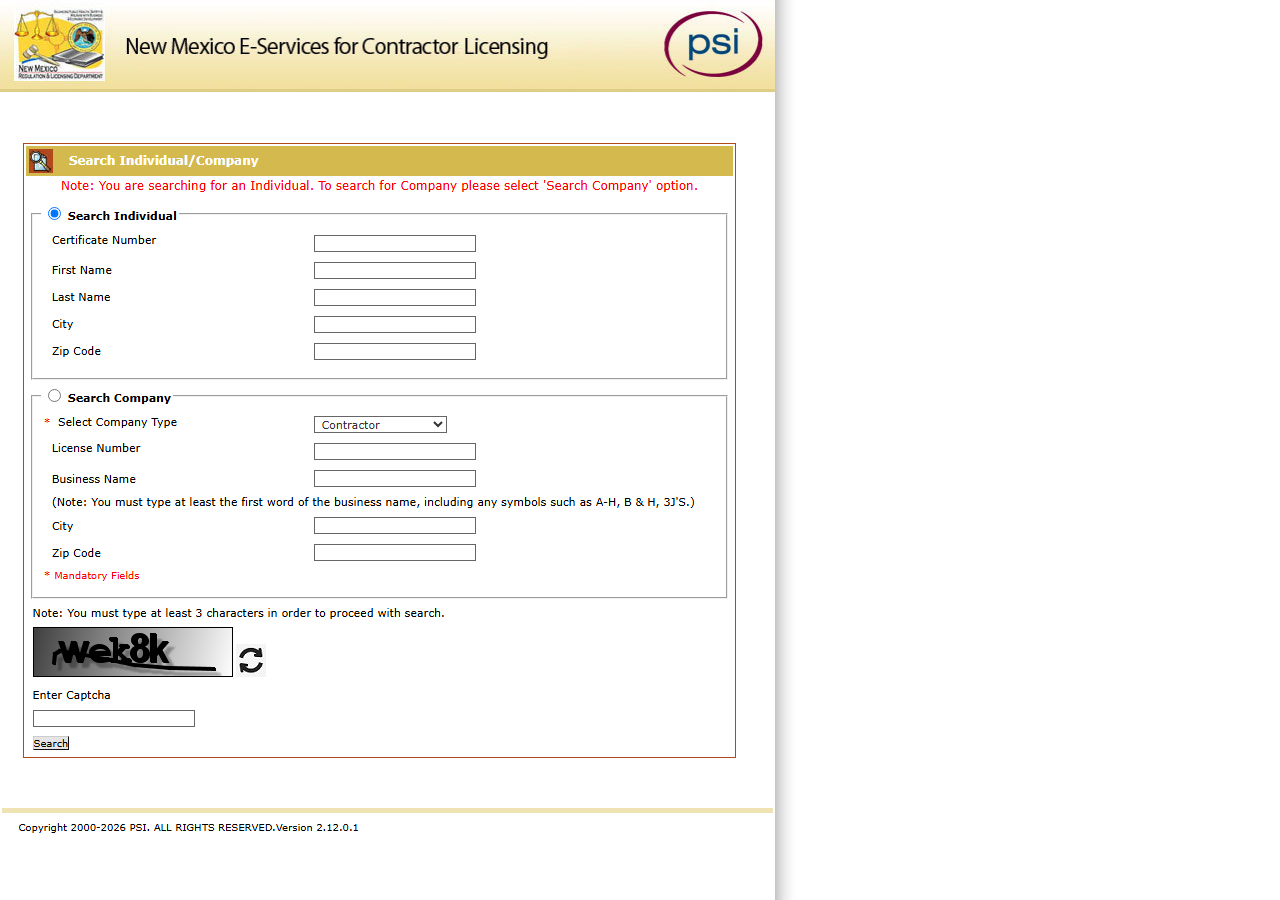 The public search form on NM CID