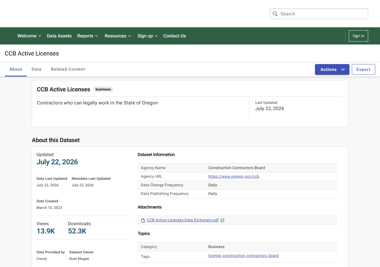 The public search form on OR CCB (Socrata)
