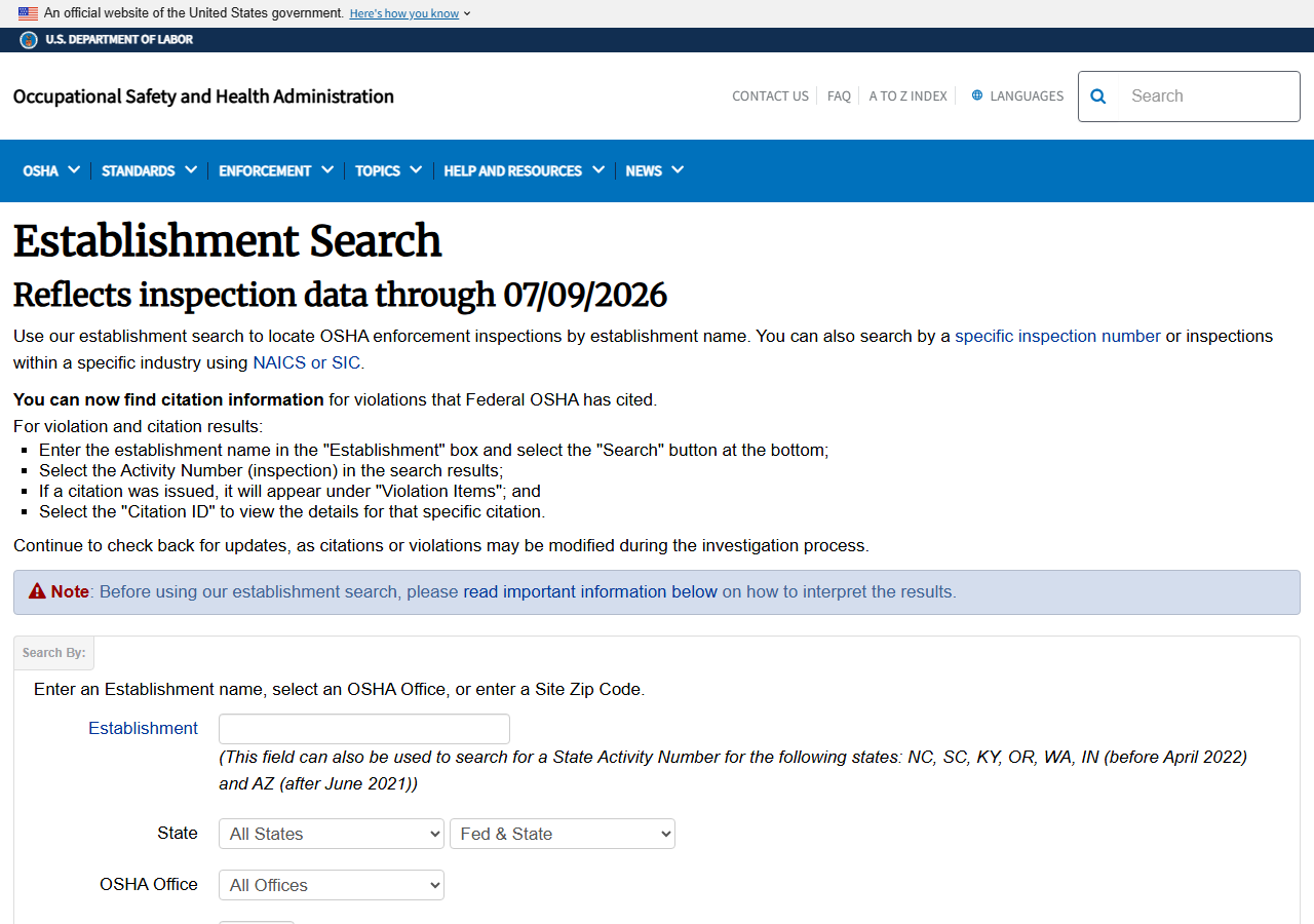 OSHA's public IMIS Establishment Search form