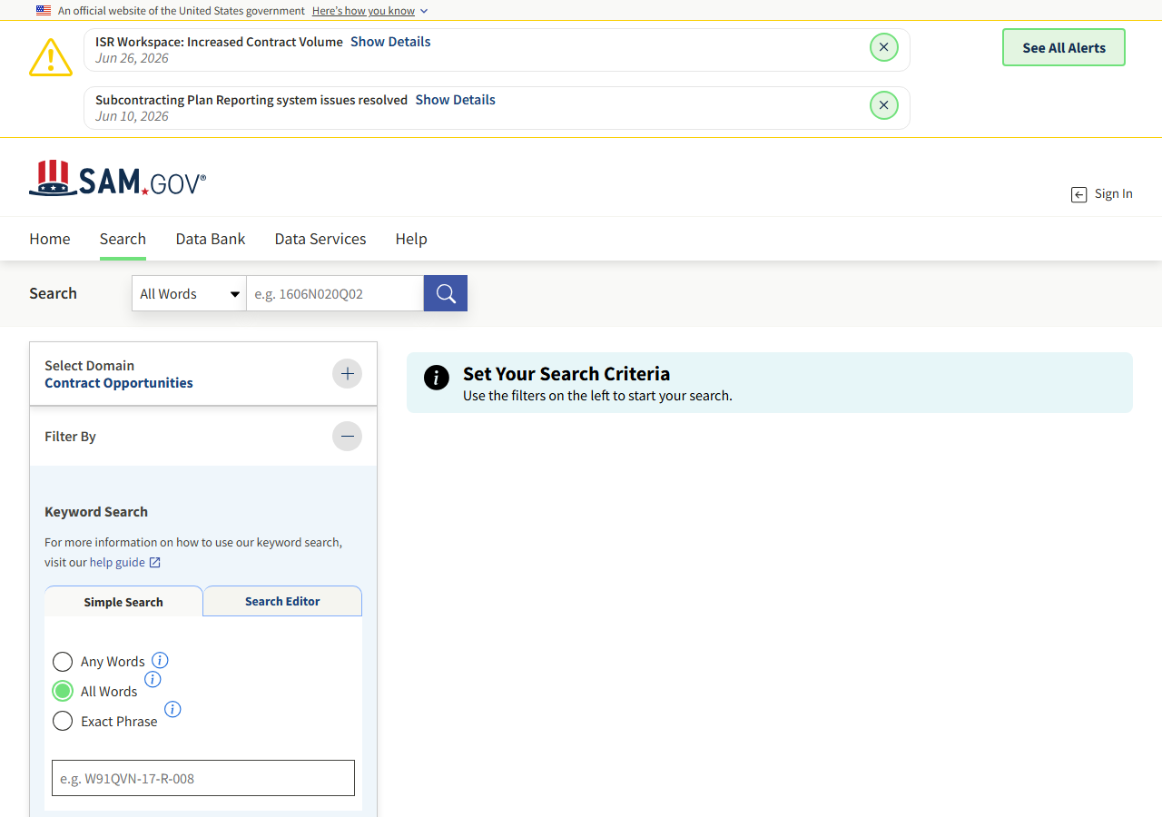 The public search form on SAM.gov