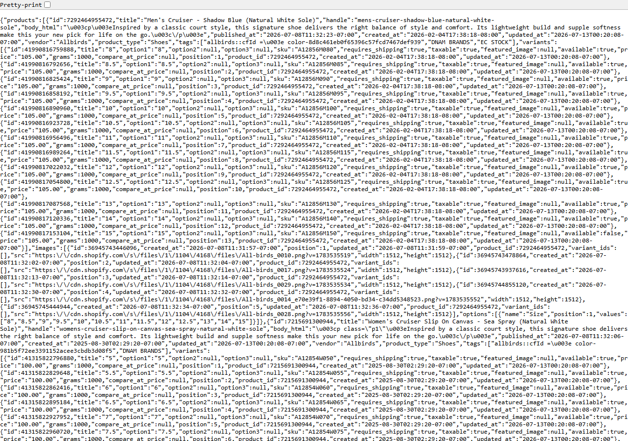 A raw /products.json response from a public Shopify storefront