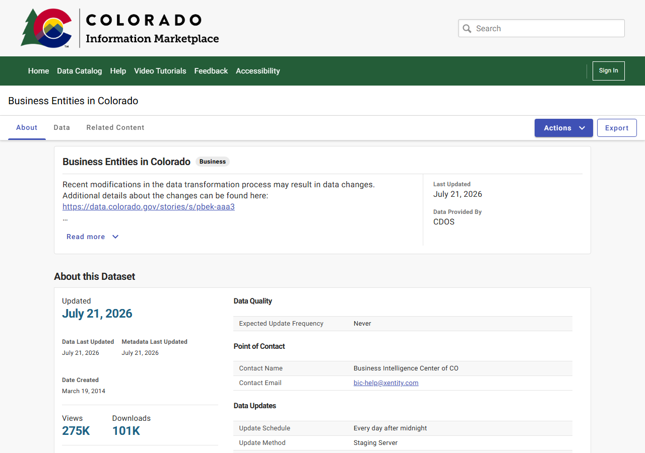 Colorado's business entity dataset on its open-data portal