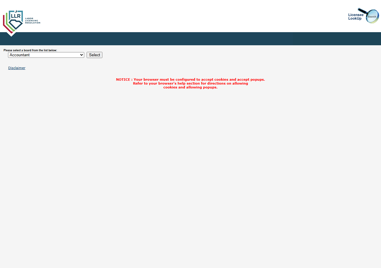 The public search form on SC LLR