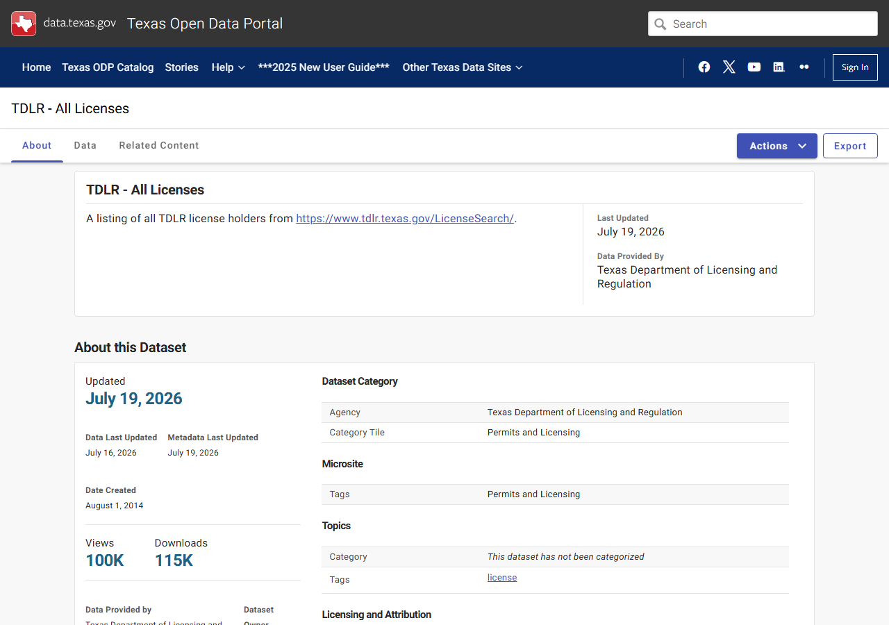 The public search form on TDLR (Socrata)