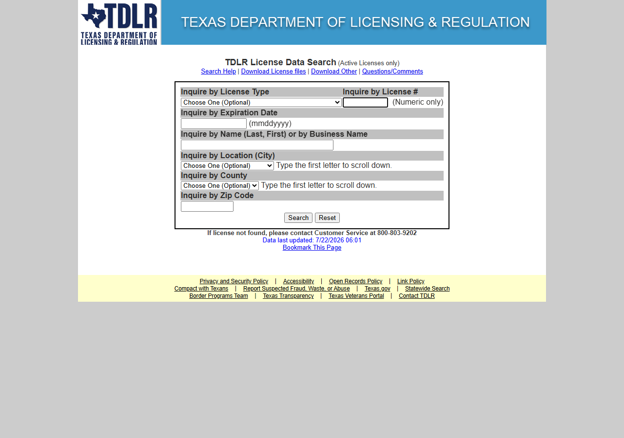 The public search form on TDLR (Socrata)
