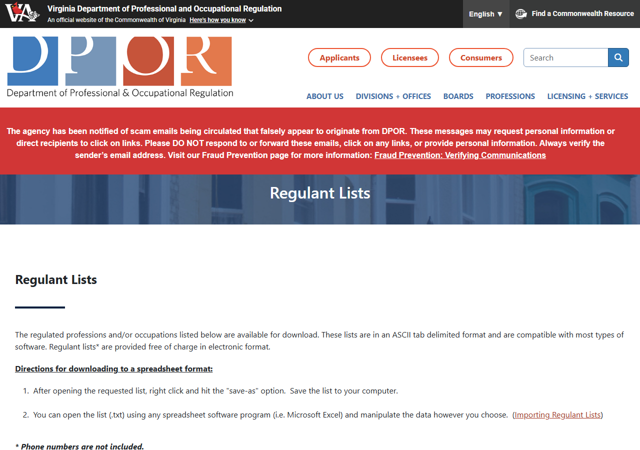 The public search form on VA DPOR
