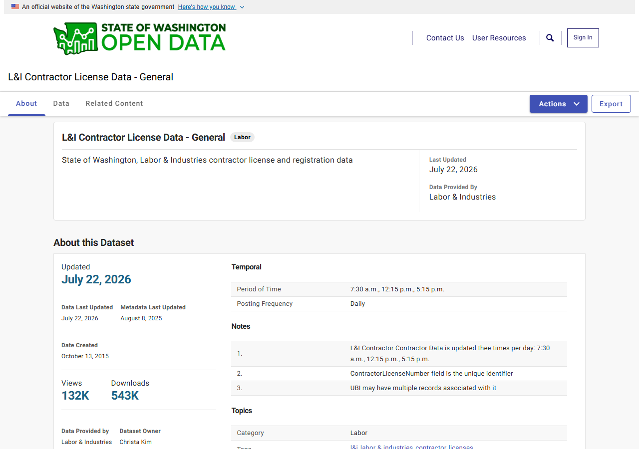 The public search form on WA L&I (Socrata)